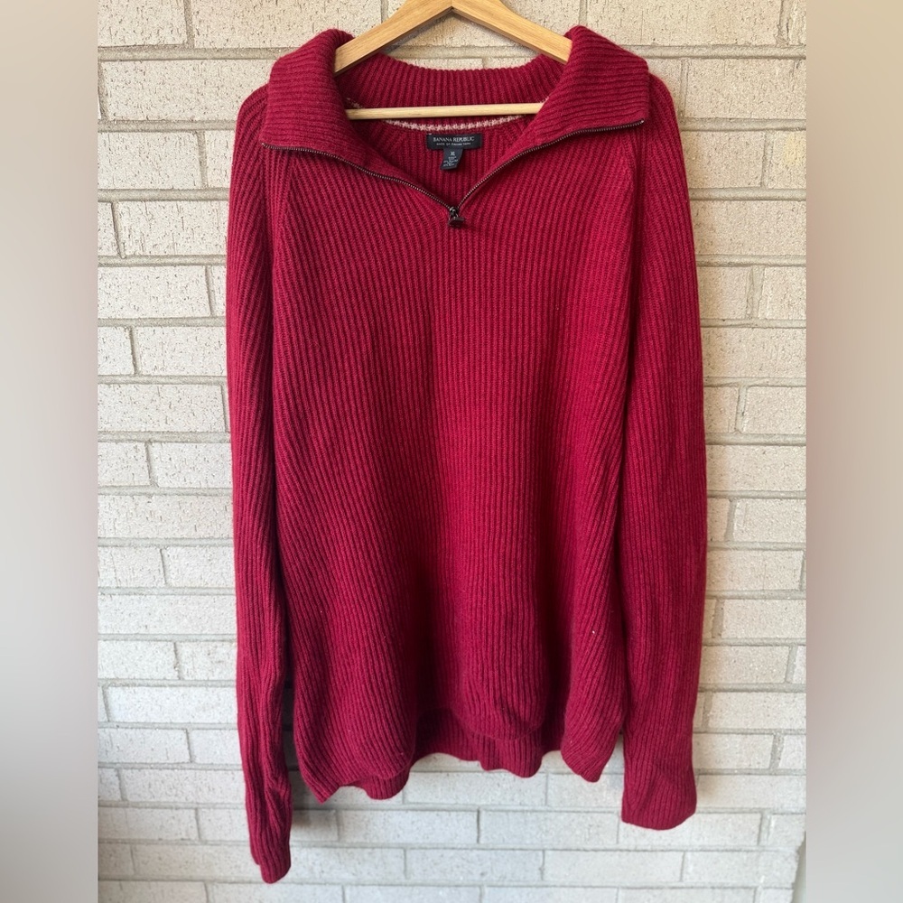 Banana Republic Crimson Red Italian Wool Quarter Zip Neck Sweater XL